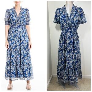 MAX STUDIO Floral Print Tiered Maxi Dress Size Medium Blue